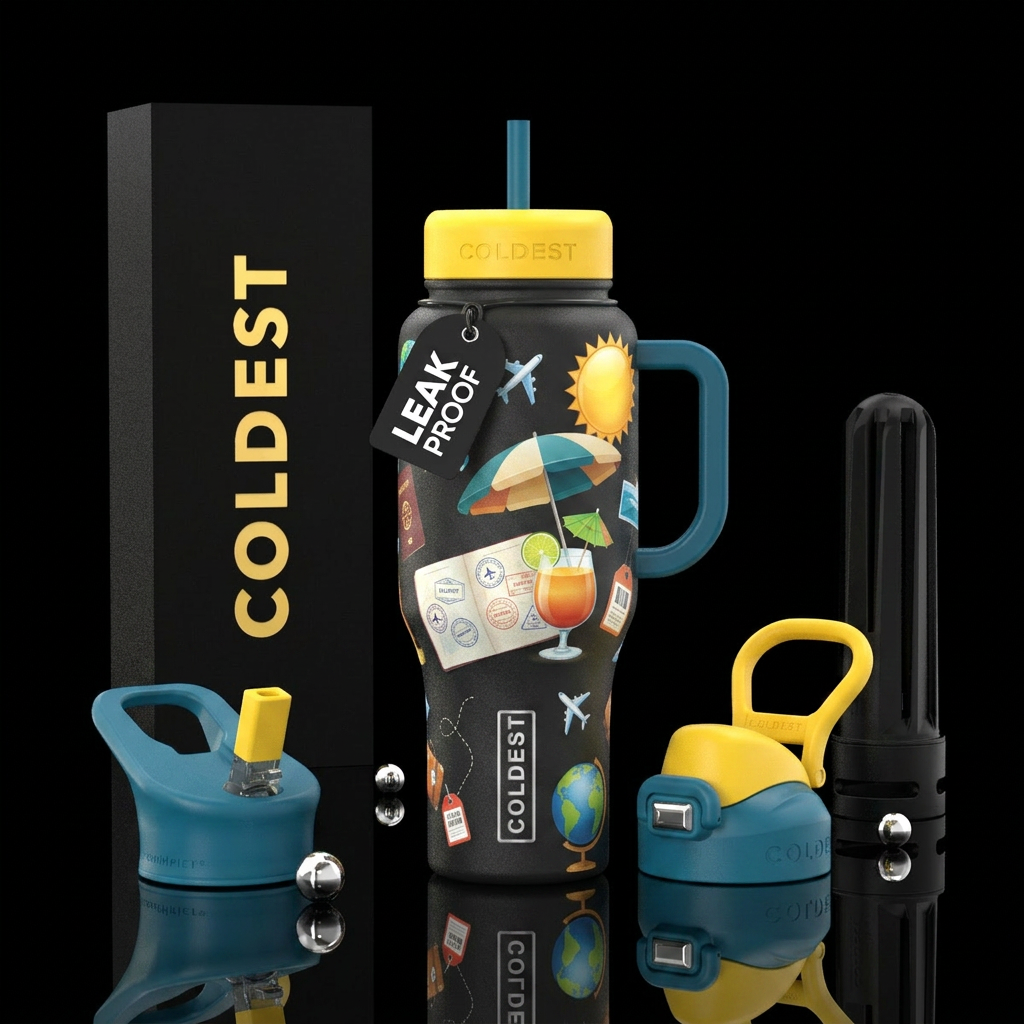 Travel, Adventure, beach, umbrella drinks, passpor... water bottle design