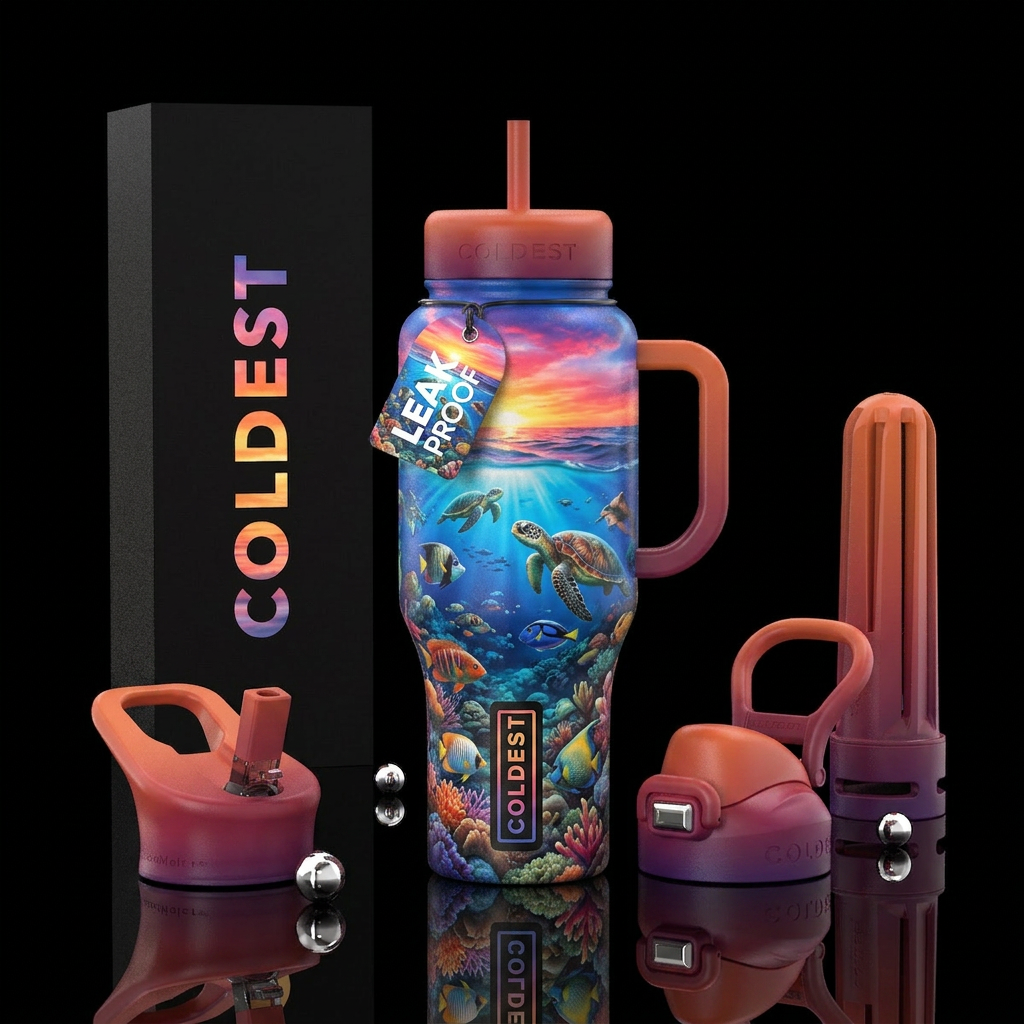 Underwater, sea creatures, blended into sunset, vi... water bottle design