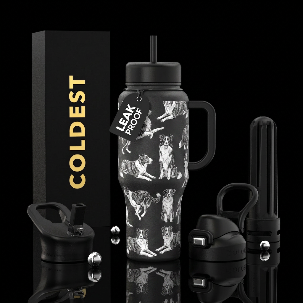 Border collie,  sketched,  black and white,  simpl... water bottle design