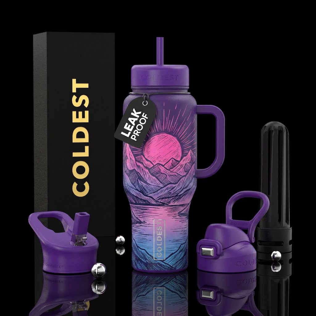 Sunrise over mountains and lake, purple, pink, blu... water bottle design