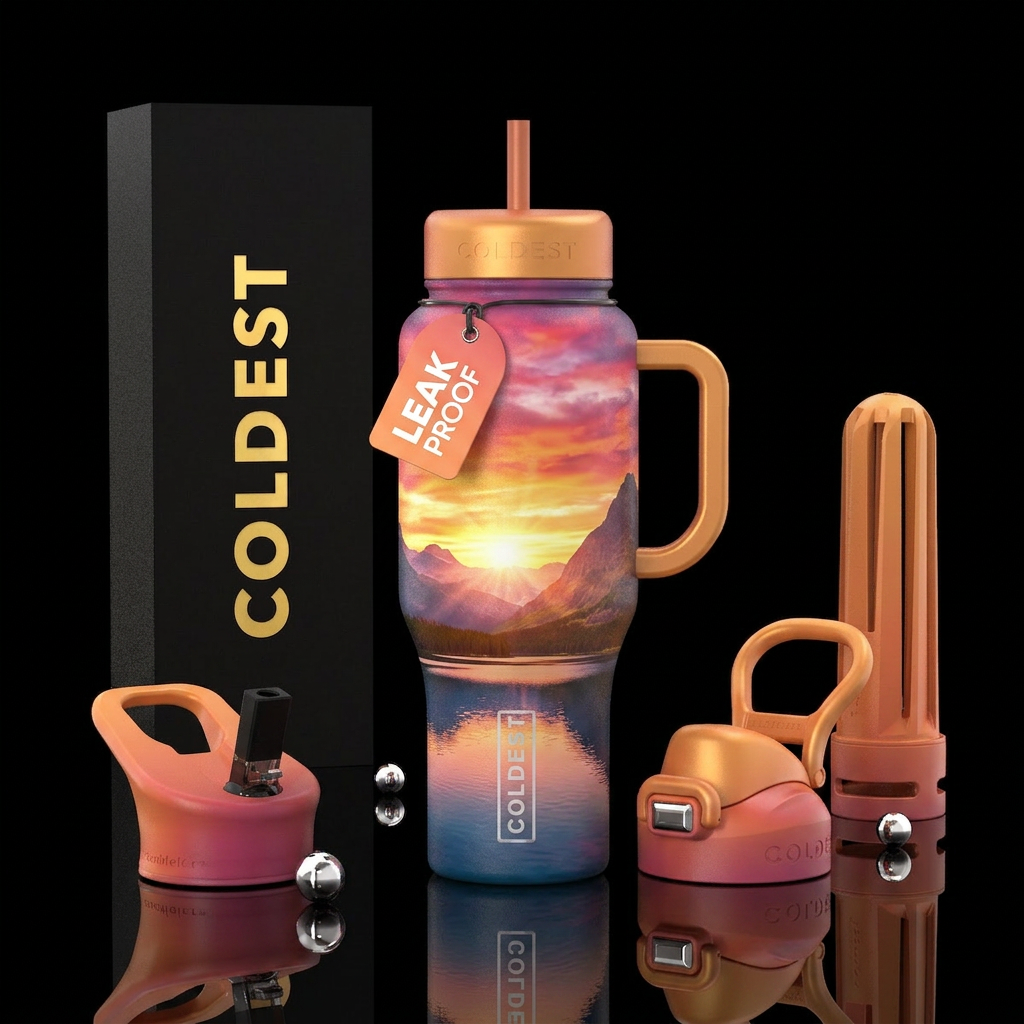 Sunrise over mountains and lake water bottle design
