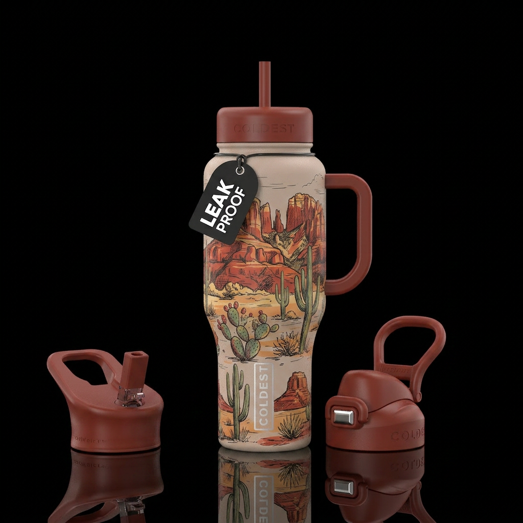 Sedona red rocks, sketched, desert, cactus water bottle design