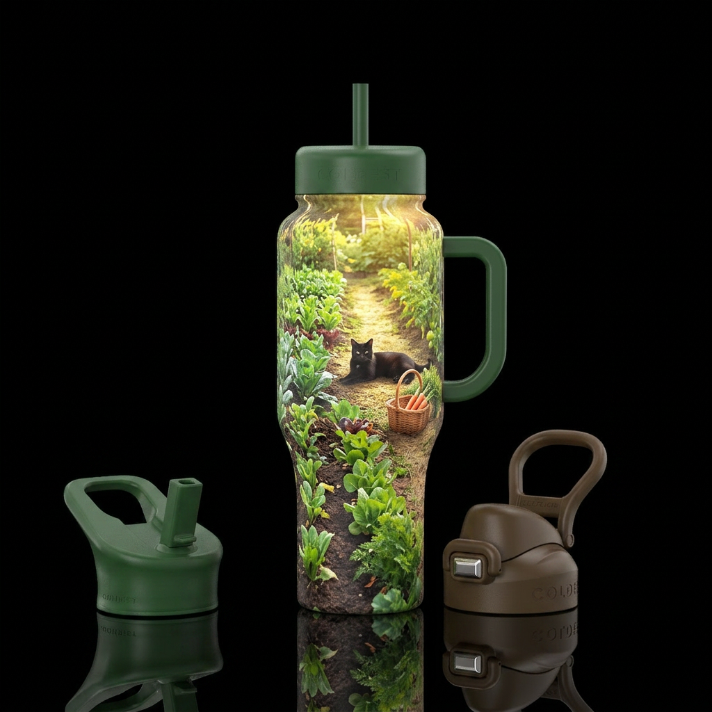 Blooming garden,  rows of vegetables, carrots in w... water bottle design
