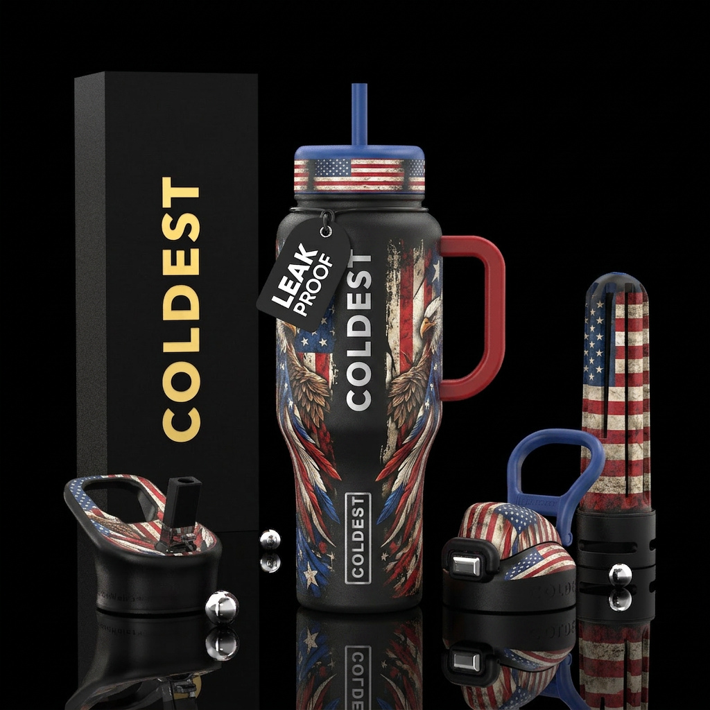 American inspired, natural look, red, white, blue, water bottle design