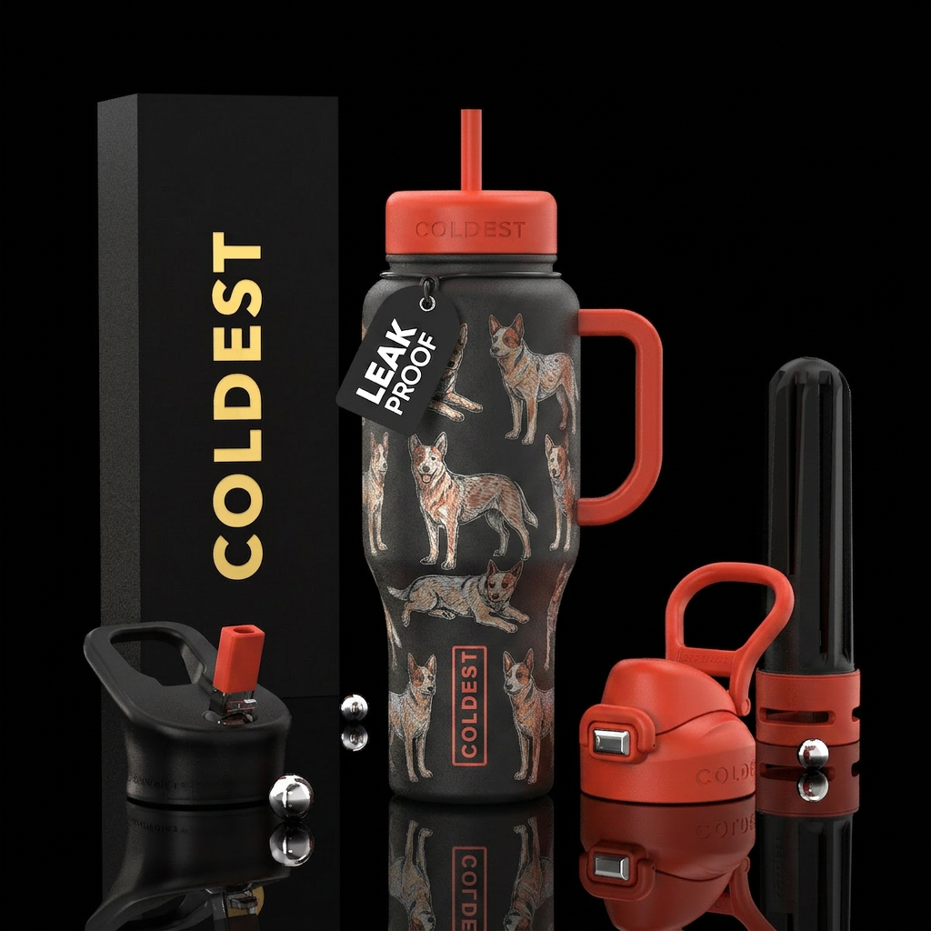 Red heeler, simple,  sketched water bottle design