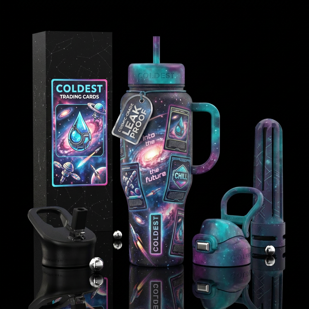 COLDEST trading cards,  creative, space theme, int... water bottle design