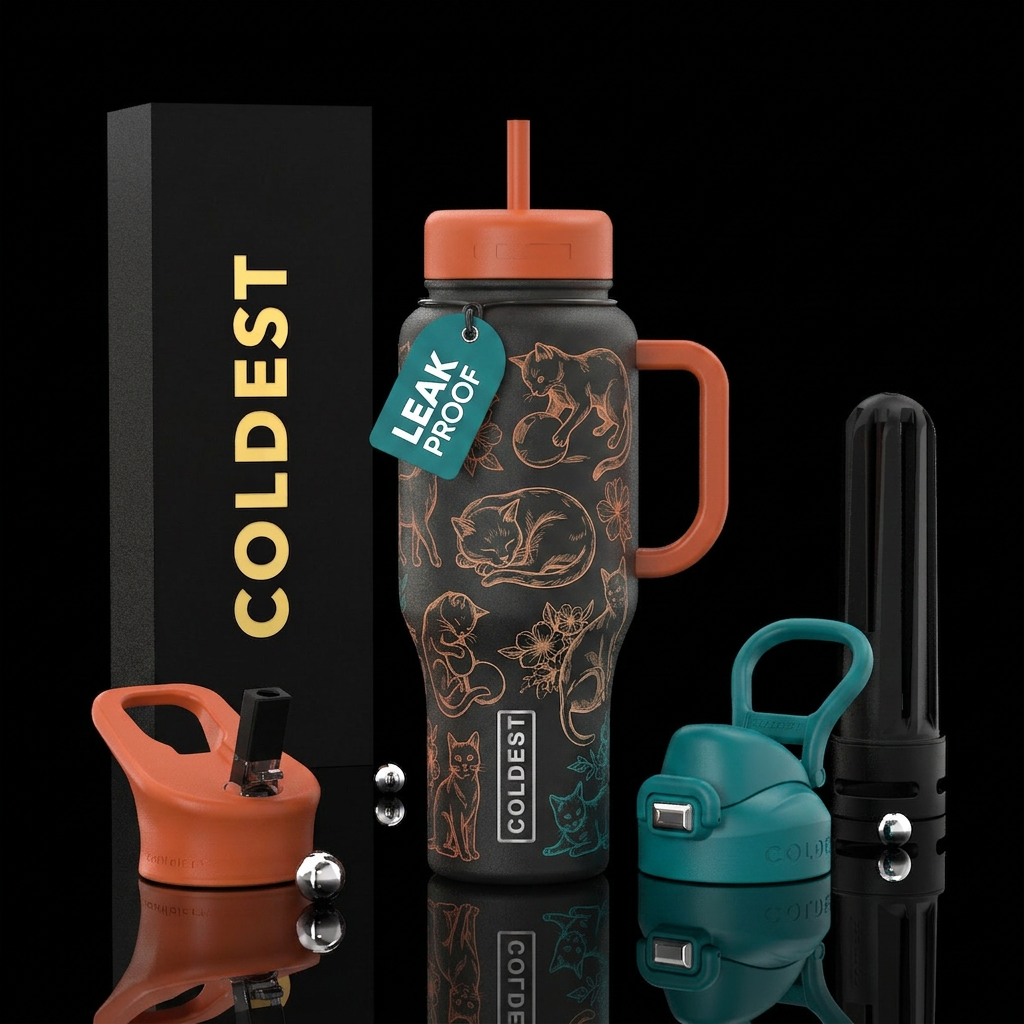 Sketched and outlined cats,  sleeping,  playing, s... water bottle design