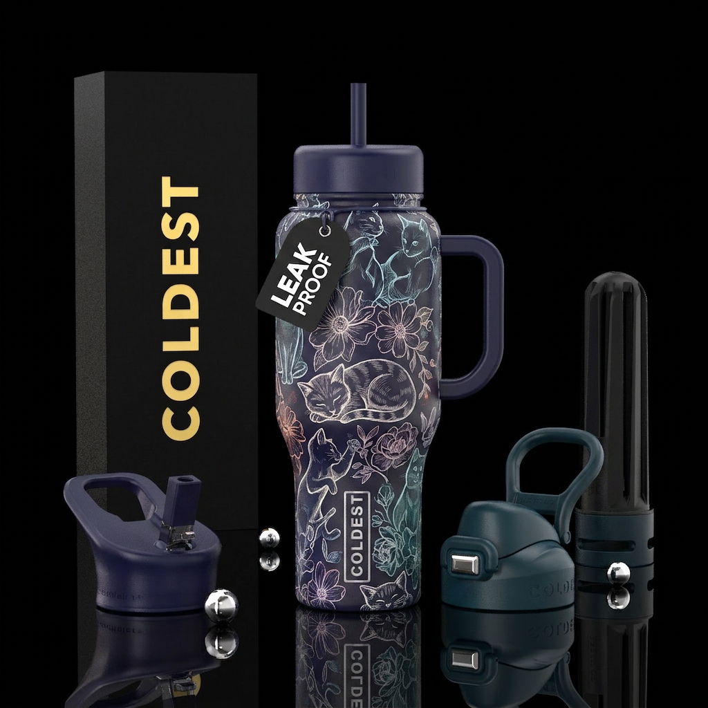 Sketched and outlined cats,  sleeping,  playing, s... water bottle design