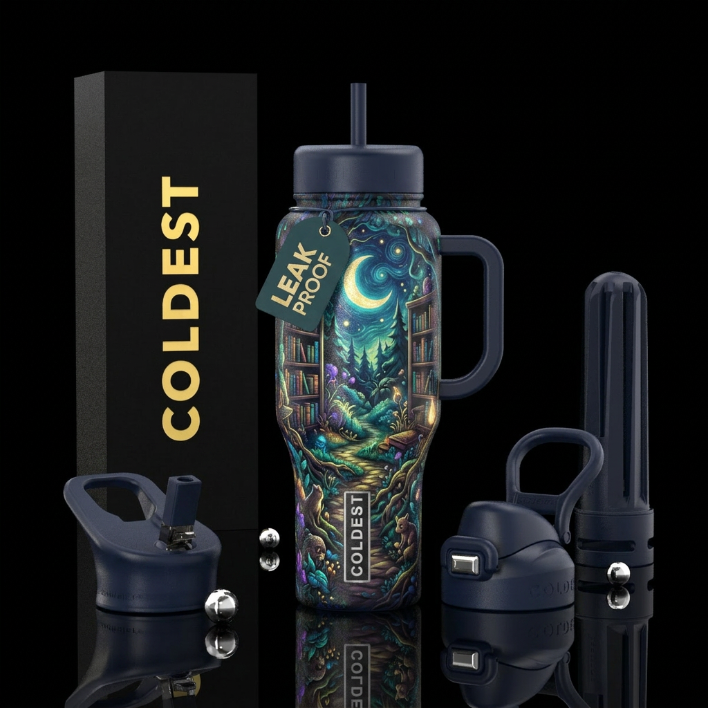 Moonlight reading, books, nature, moody, glowie water bottle design