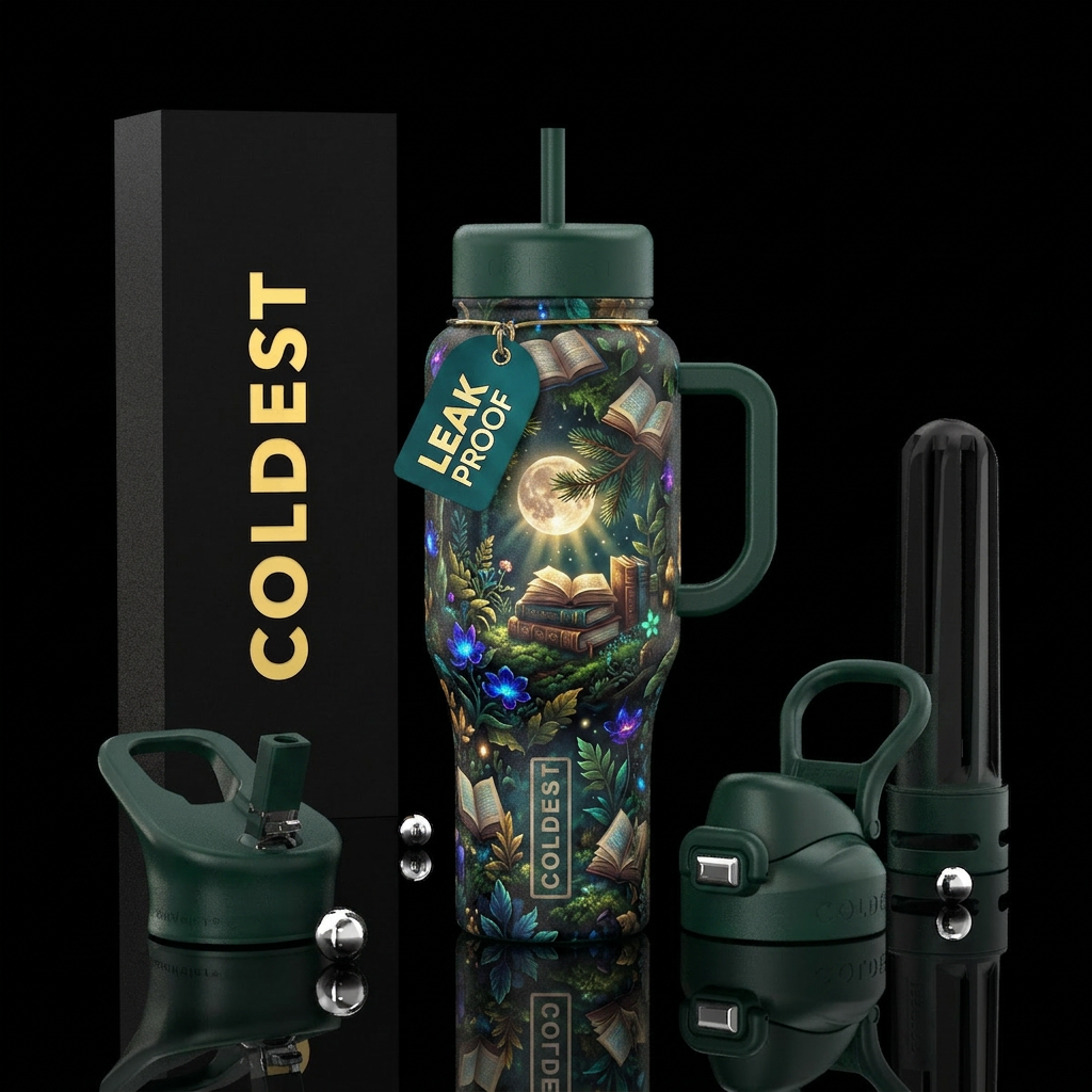 Moonlight reading, books, nature, moody, glowie water bottle design