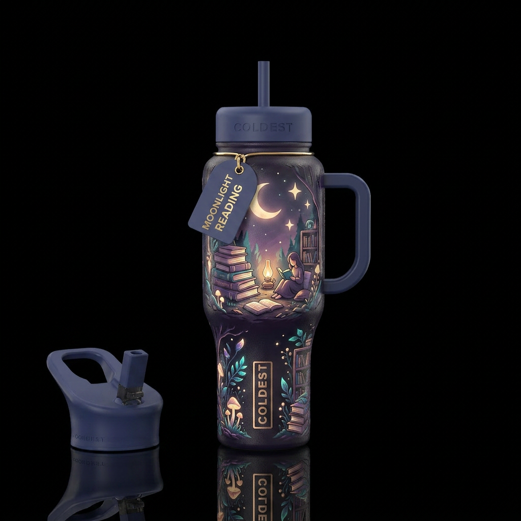 Moonlight reading, books, nature, moody, glowie water bottle design