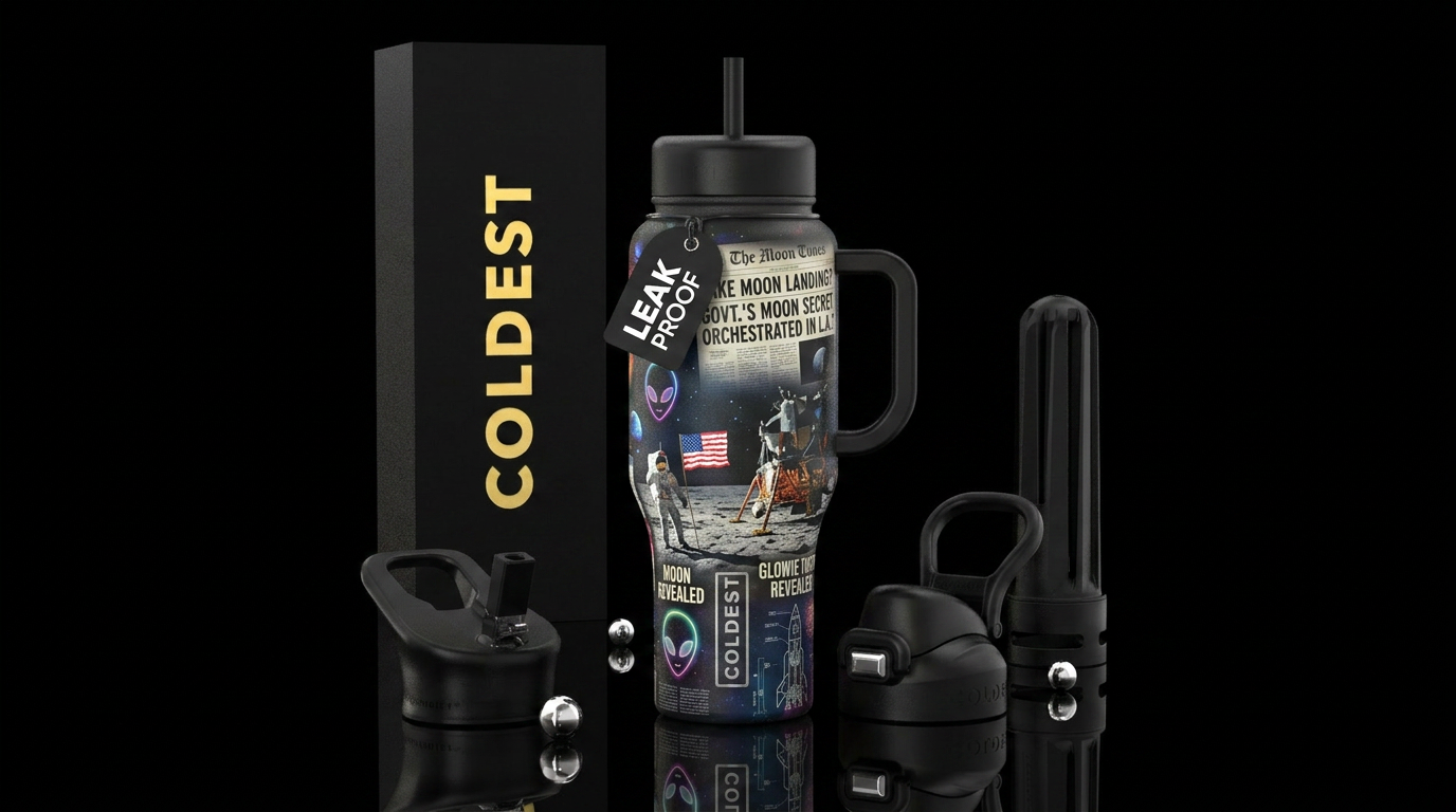Moon landing conspiracy water bottle design