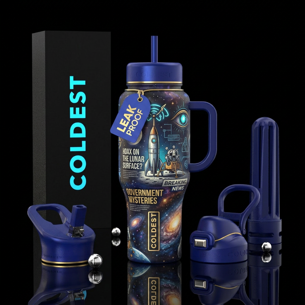 Moon landing conspiracy water bottle design