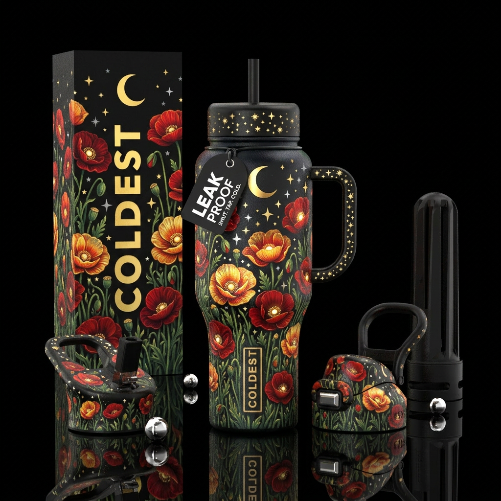 Midnight poppy field, glow water bottle design