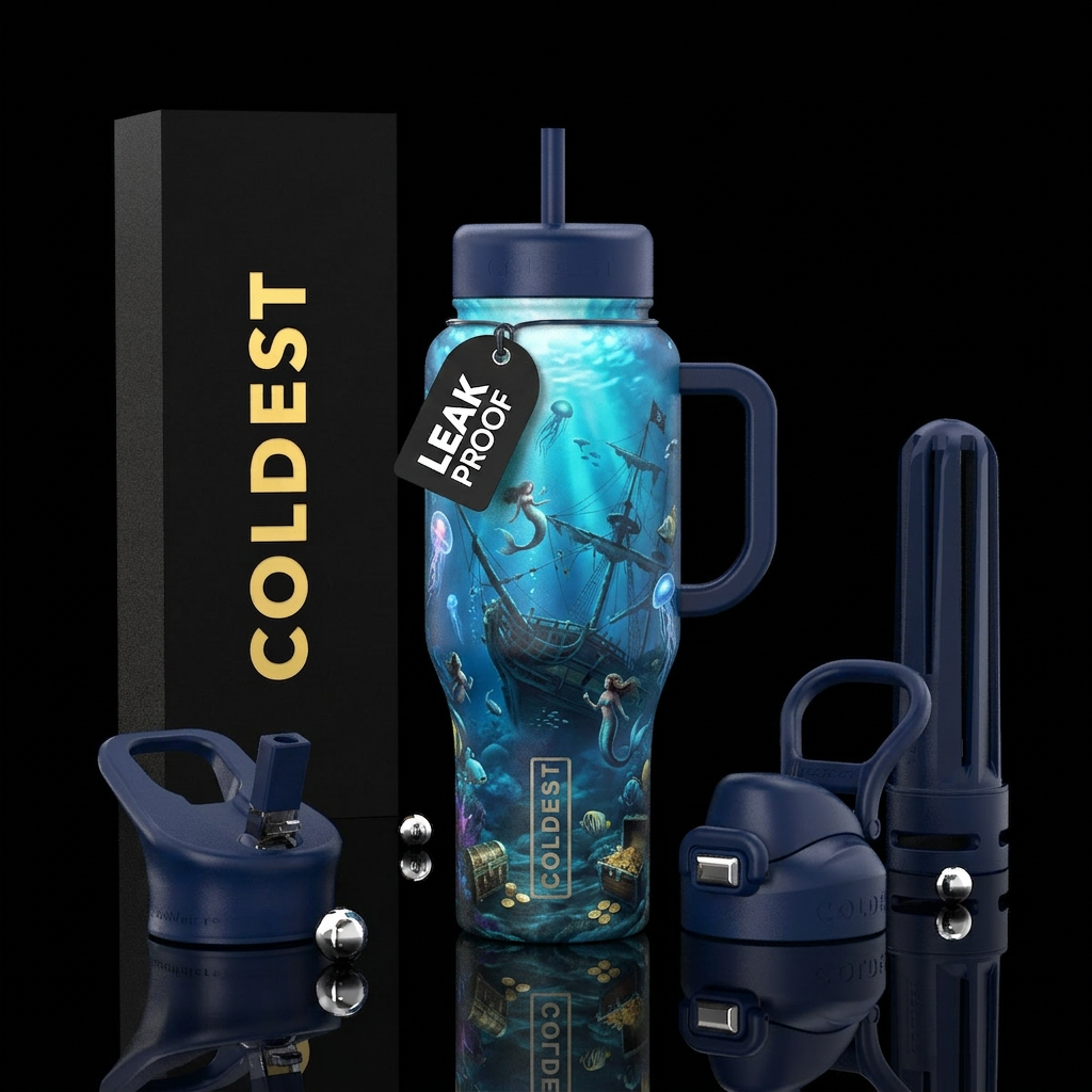 Underwater pirate ship, sirens swimming, sea creat... water bottle design