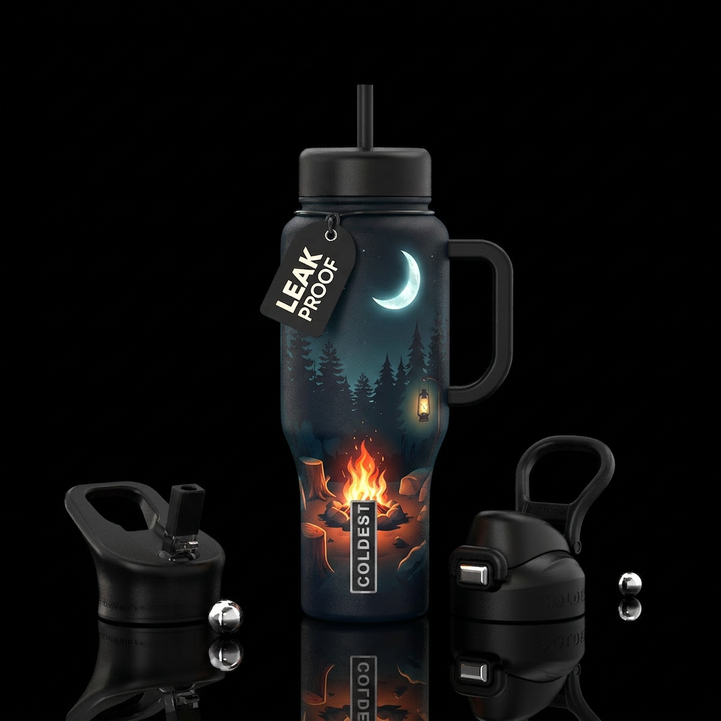Campfire in moonlight water bottle design