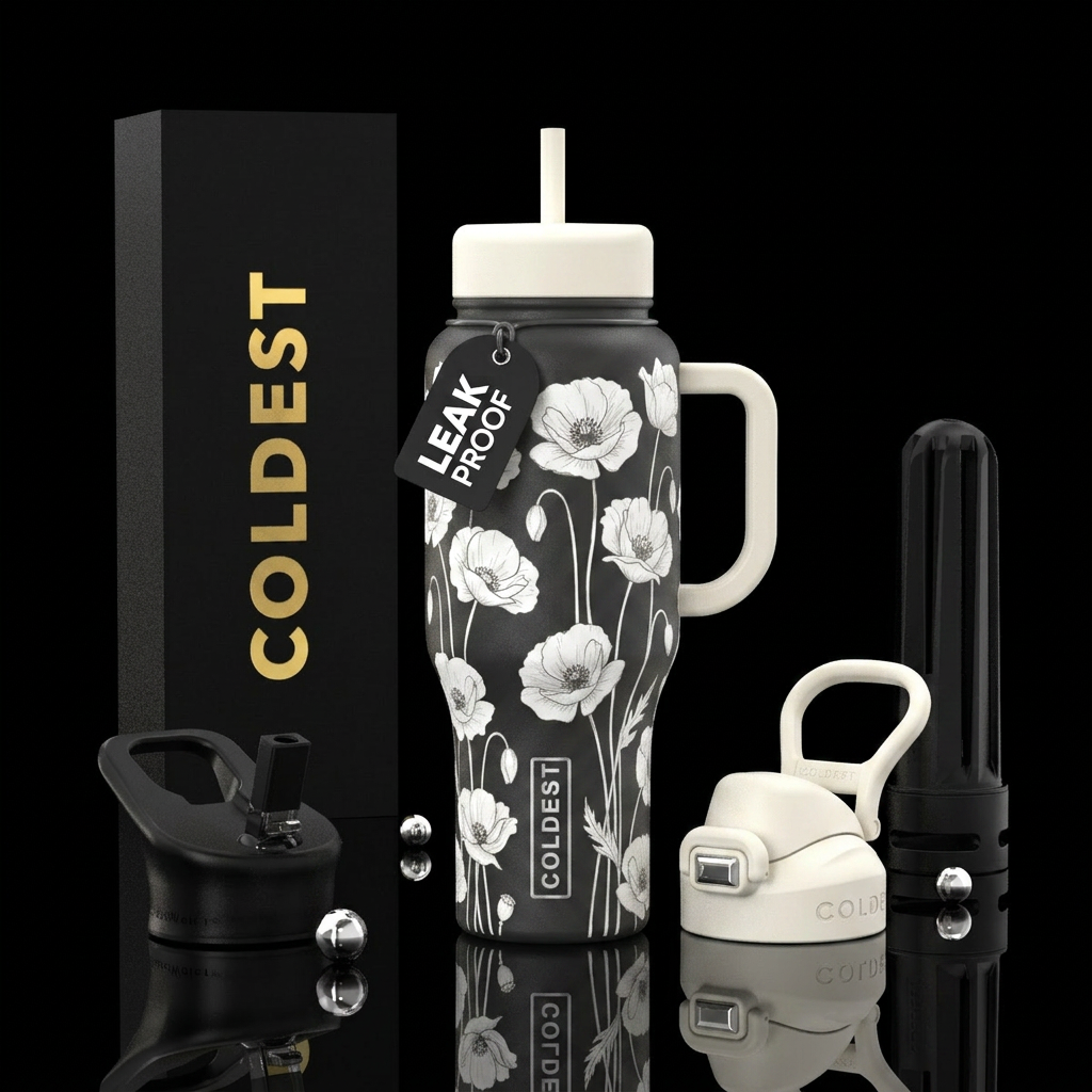 White poppys water bottle design