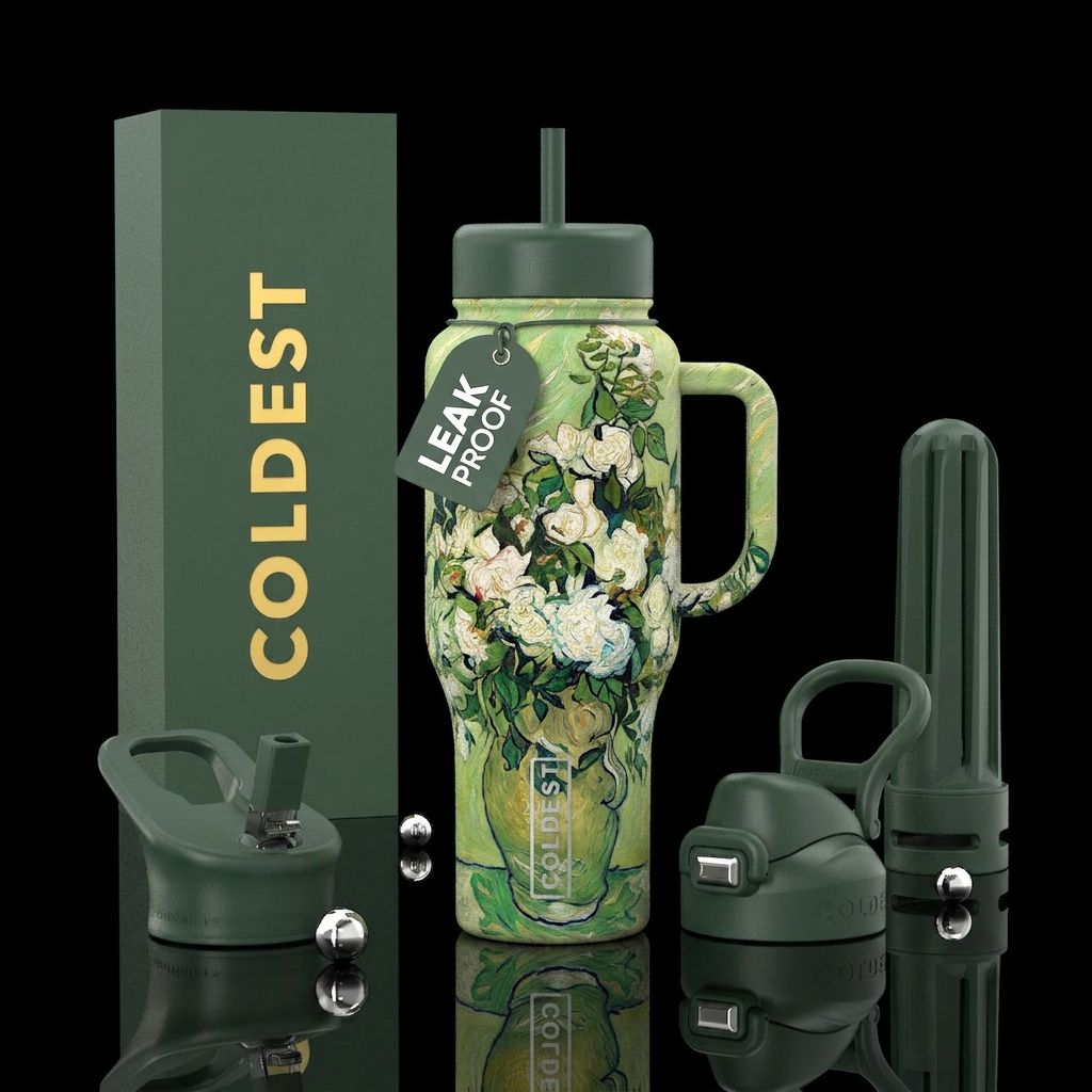 Van gogh white roses painting inspired water bottle design