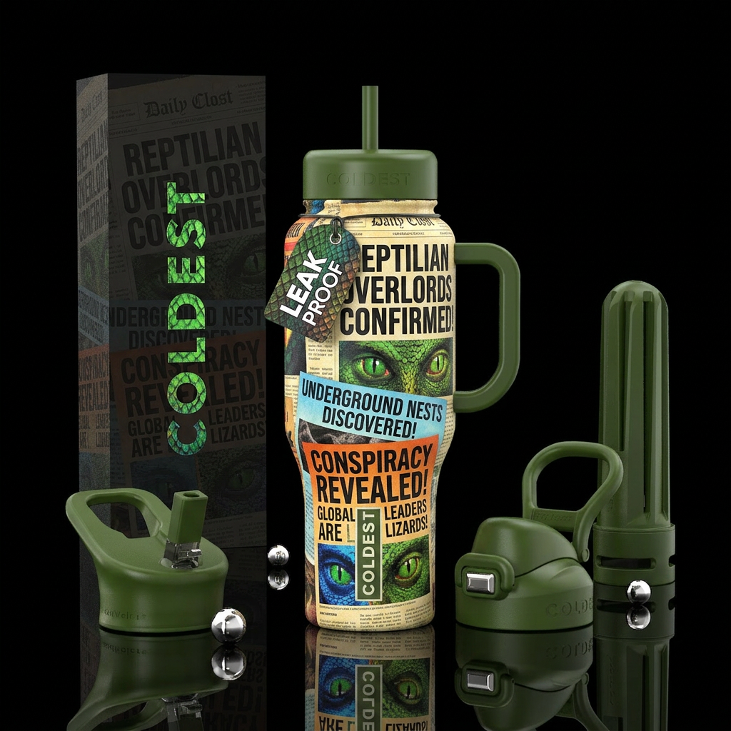 Reptilian overlords conspiracy water bottle design