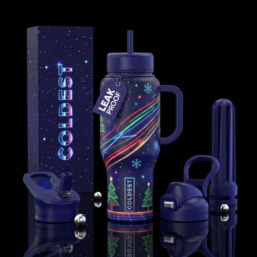 1980s christmas night inspired water bottle design
