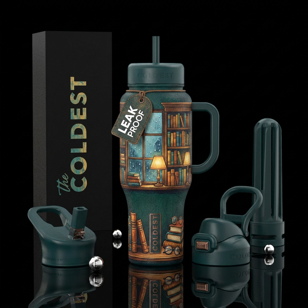 Rainy day reading water bottle design