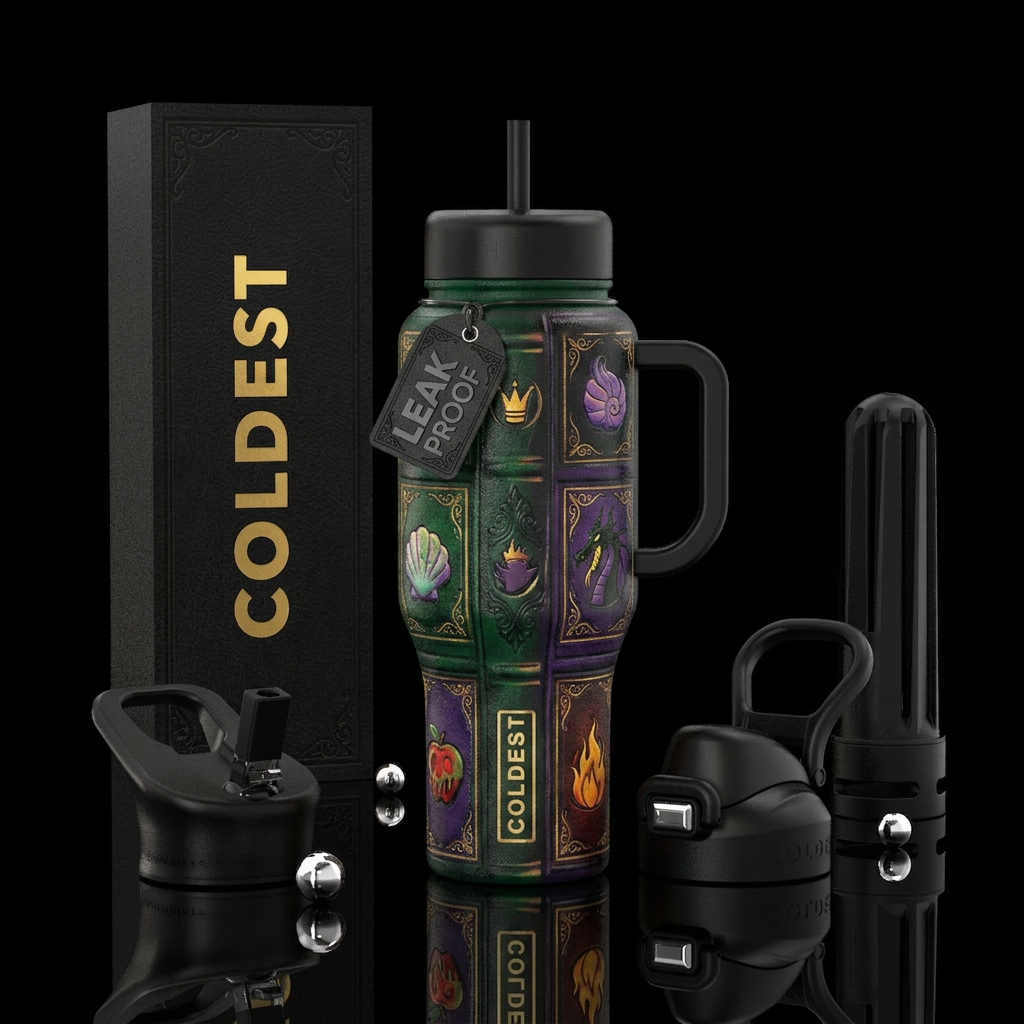 Disney villains inspired, dark and moody, magical,... water bottle design