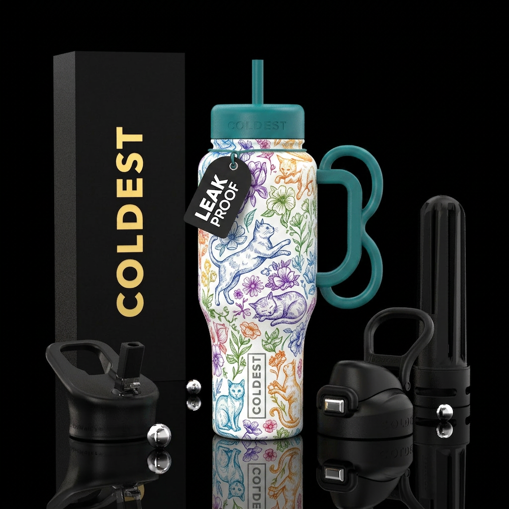 Floral cats water bottle design