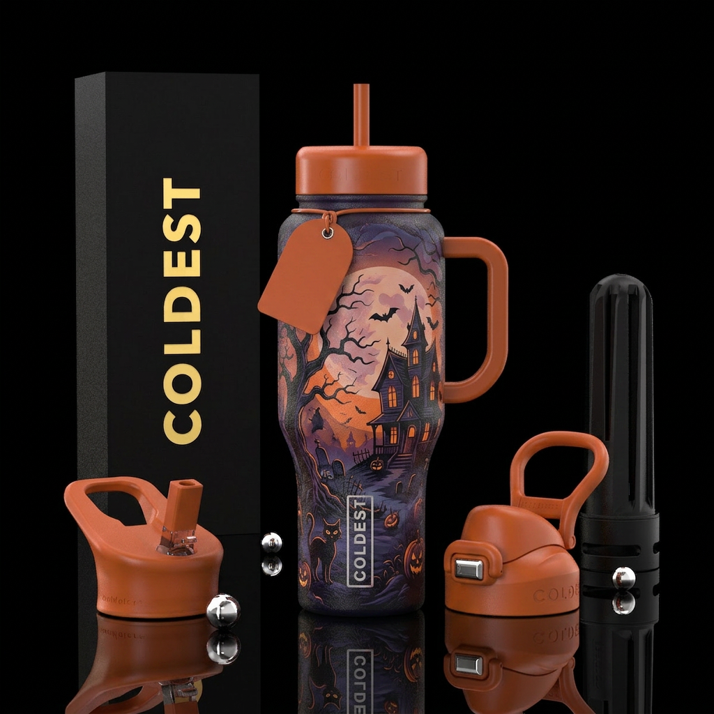 Halloween Moody black cat water bottle design