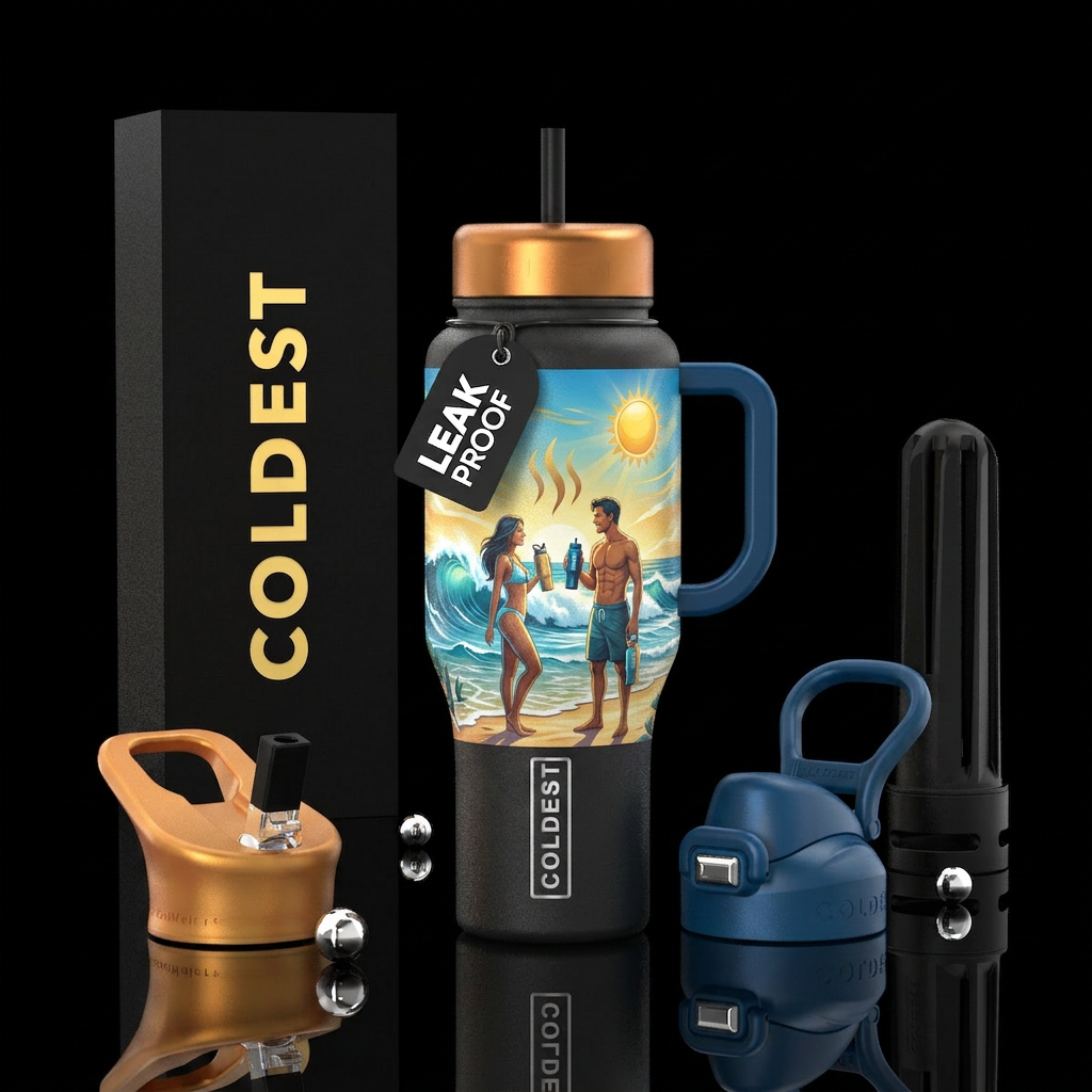Heat wave, stay cool, man and woman on beach, hold... water bottle design