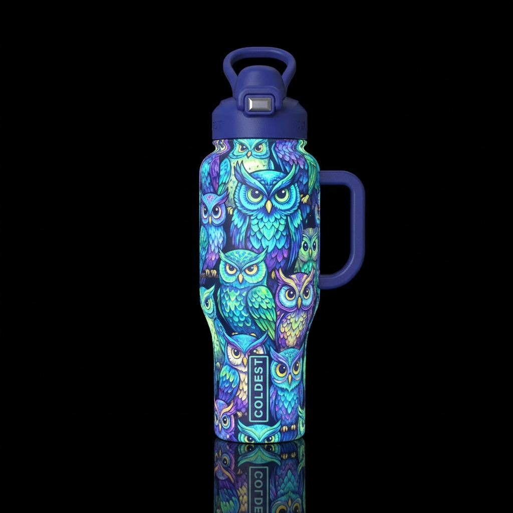 Glowie owls water bottle design