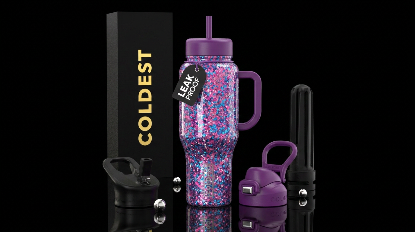 Glitter, pink, blue, purple water bottle design