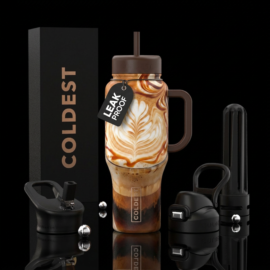 Coffee, latte, espresso, syrup, milk water bottle design