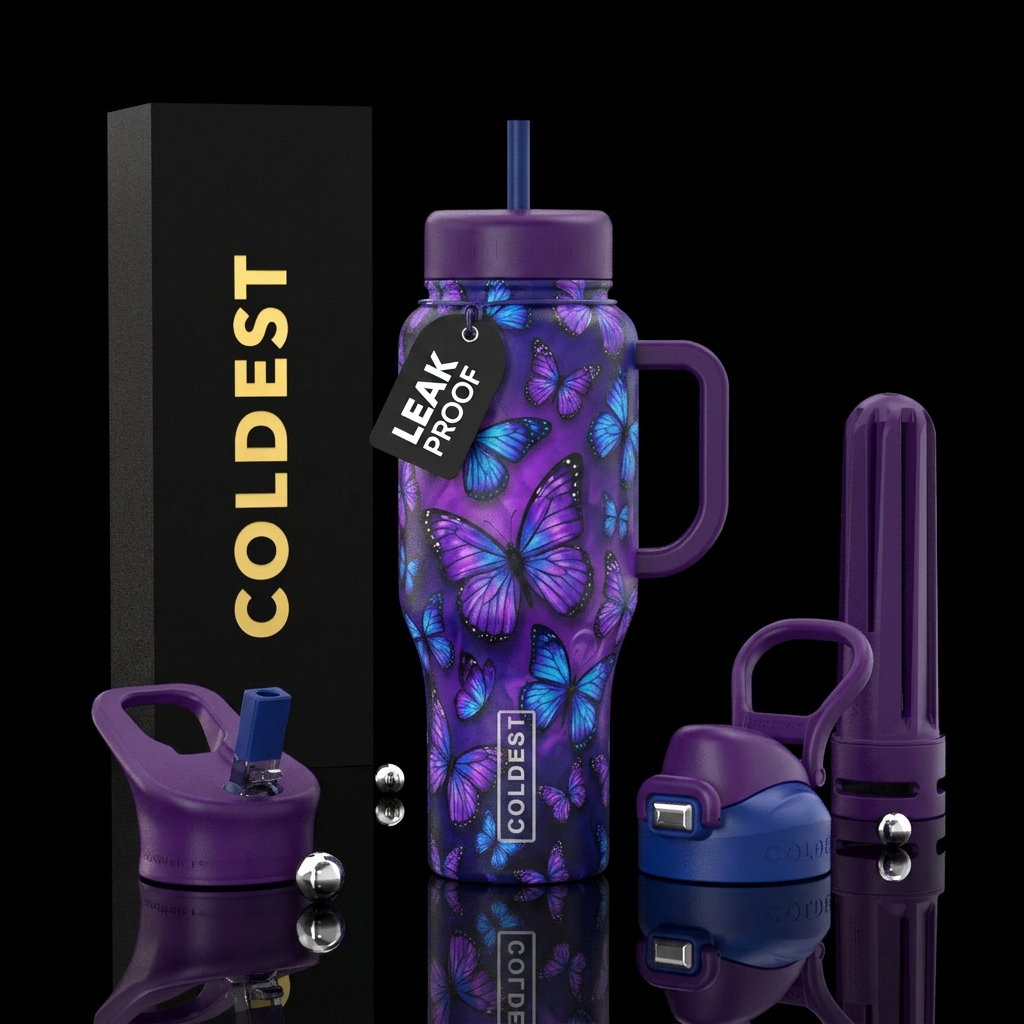 Purple and blue butterfly water bottle design