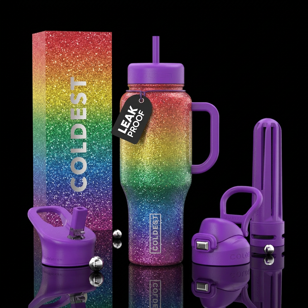 Rainbow with glitter retro water bottle design
