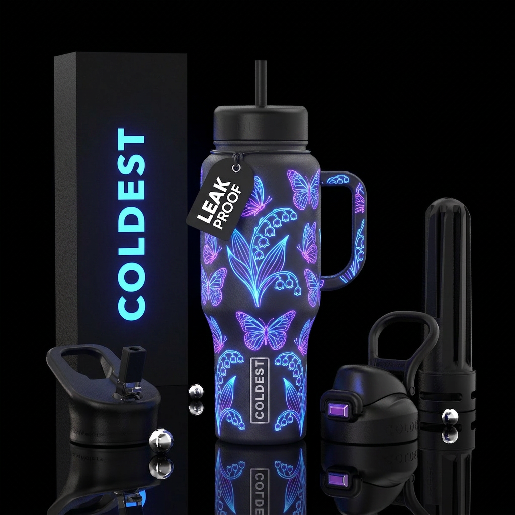 hypnotic, retrowave, neon, butterfly, lily water bottle design