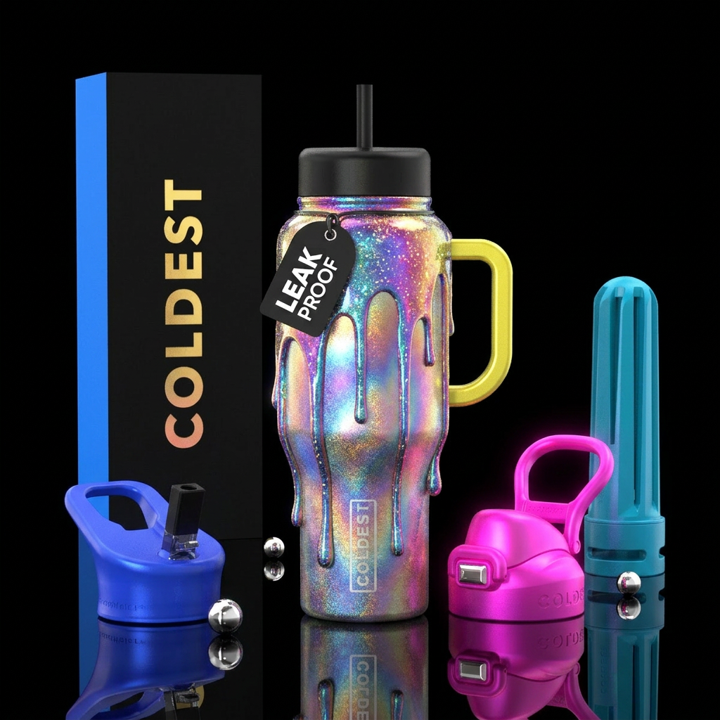 vibrant, dripping, irridescent, sparkly, glowie water bottle design