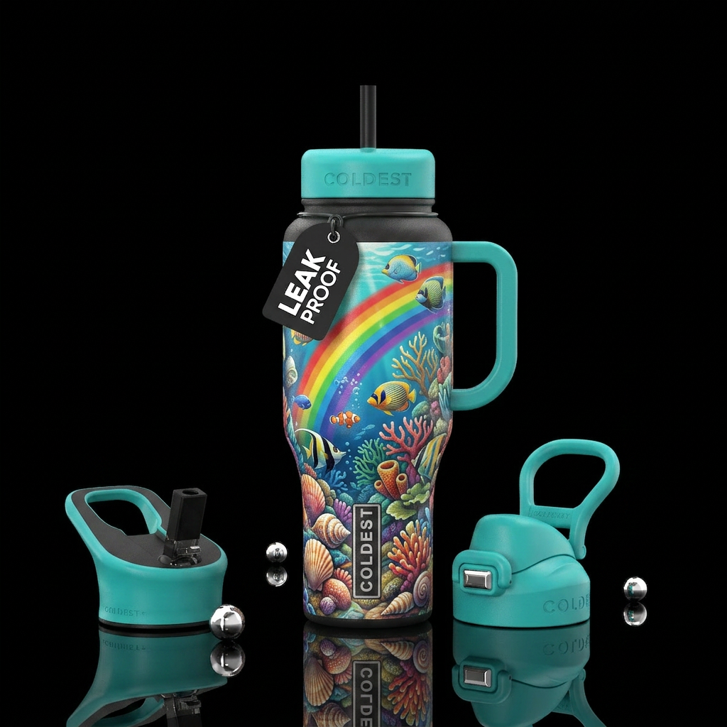 Seashells, coral reef, rainbow water bottle design