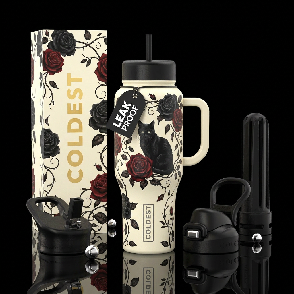 black and red roses with a black cat and vines all... water bottle design