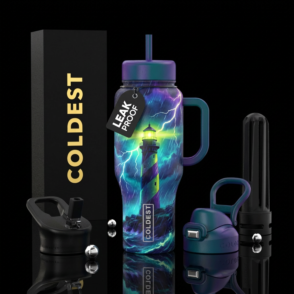 Glowie lighthouse , darkness, lightening, rain water bottle design