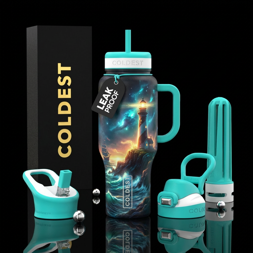 Light house,, ship in the distant, total darkness,...lids, straw and handle need to be navy in color water bottle design