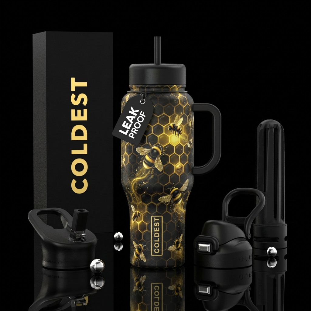 Bumble bee, magical, honeycomb, baby bees, black h... water bottle design