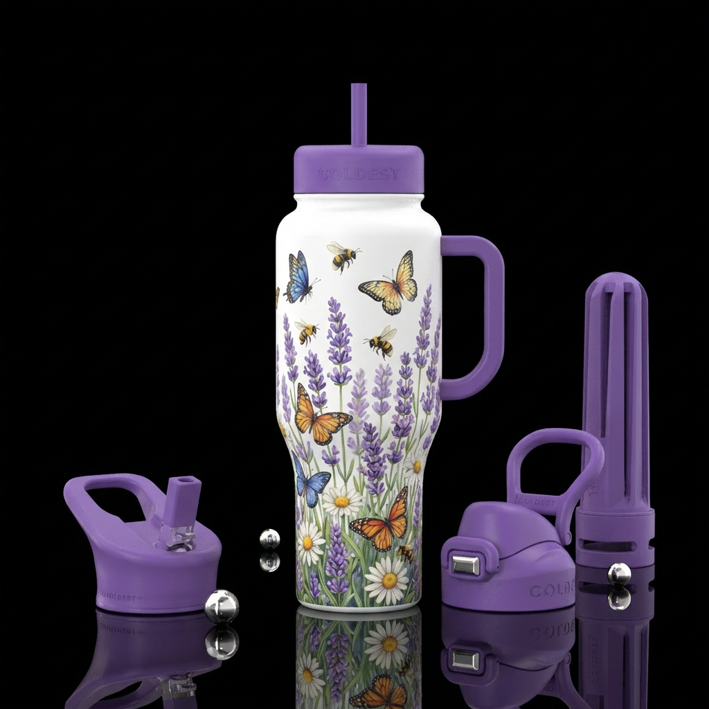 Butterflies with  bees in a field full of lavender... water bottle design