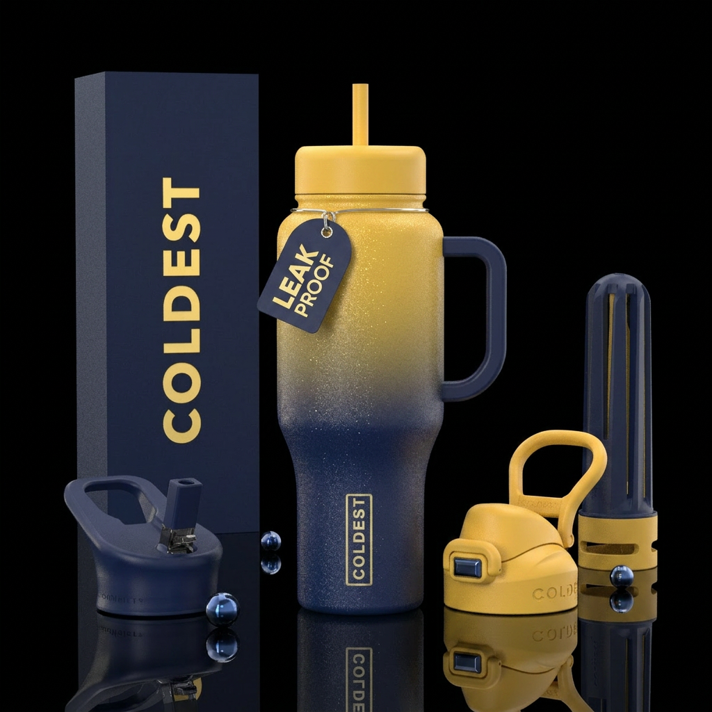 Navy blue and maize  ombré with glitter, water bottle design