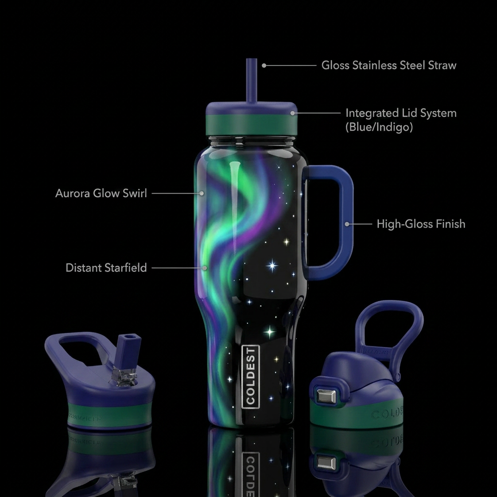 Black base bottle with a 2/3 glowing aurora boreal... water bottle design