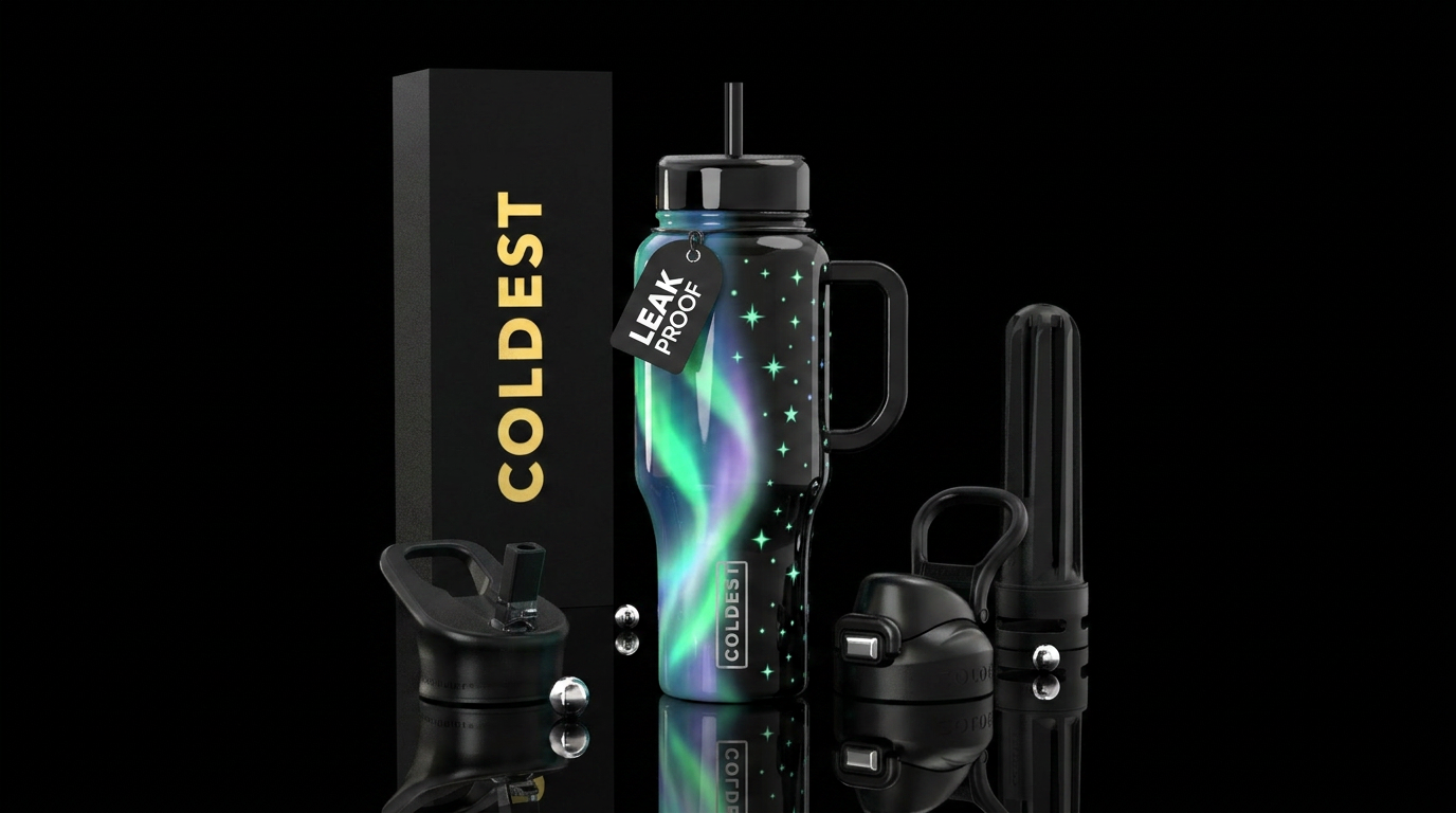 Black base bottle with a 2/3 glowing aurora boreal... water bottle design