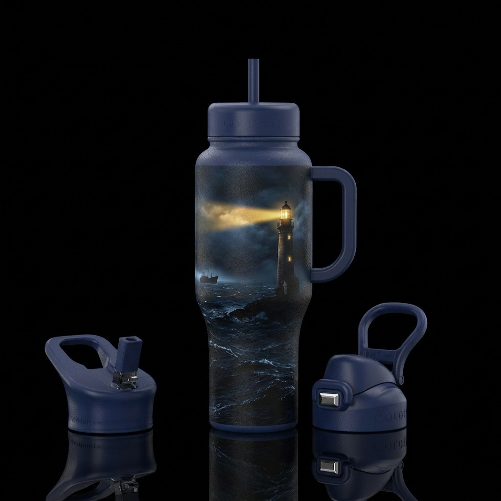 Start with a navy bottle,Stormy night  Light house... water bottle design