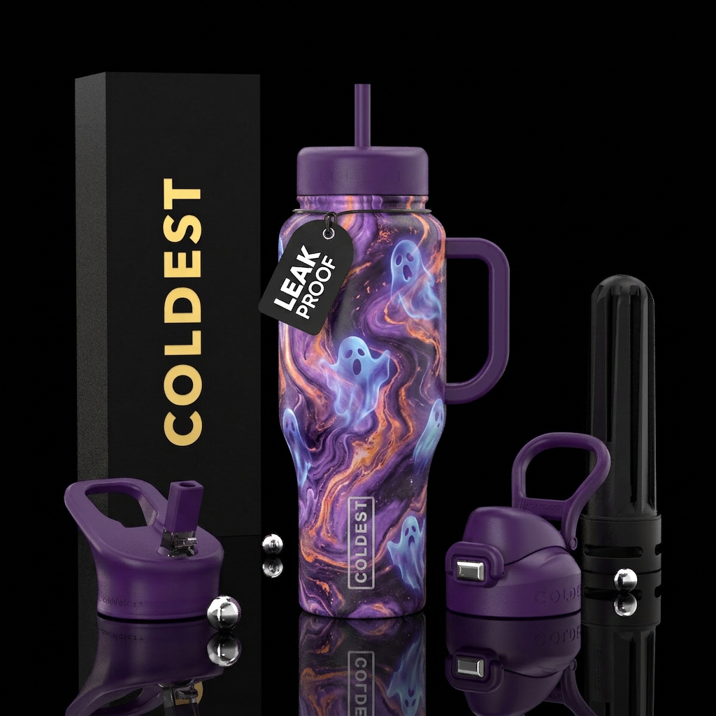 purple and orange marble with glowy ghosts backgro... water bottle design