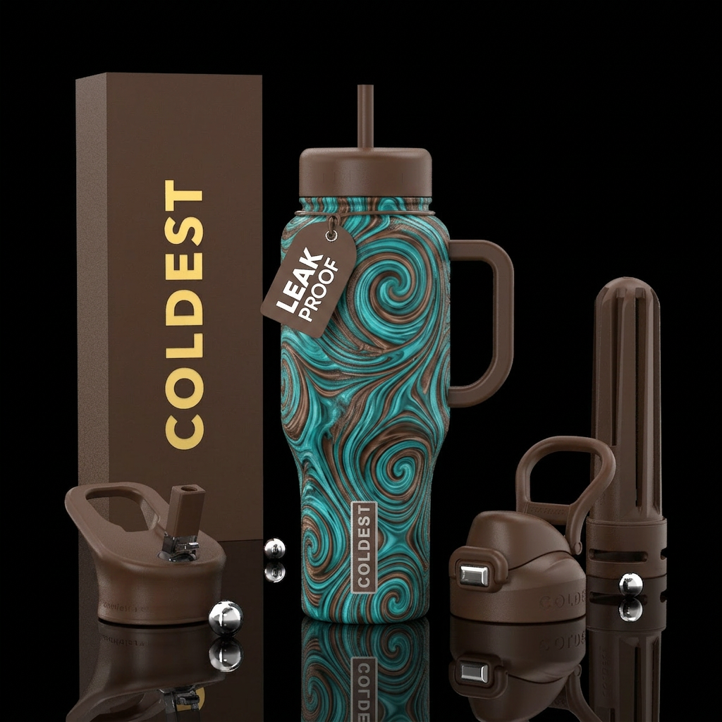 teal and brown swirls with brown handles and top water bottle design