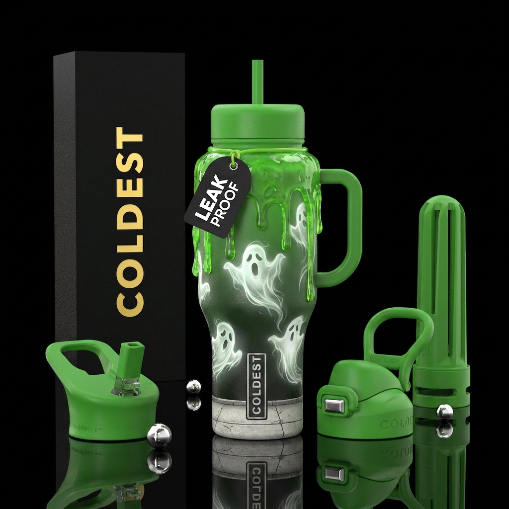 green slime on top, glowy  white ghosts, sidewalk ... water bottle design