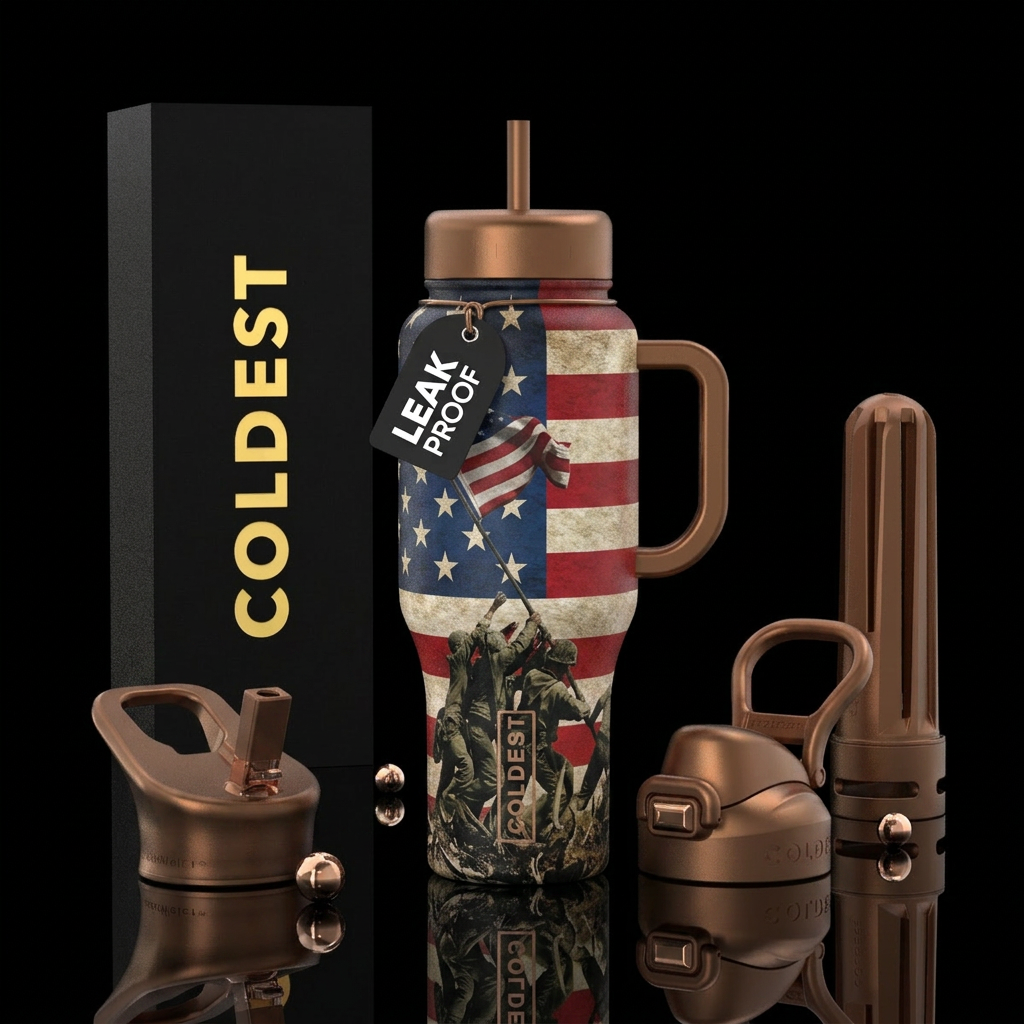 american flag background with the iwo jima soldier... water bottle design